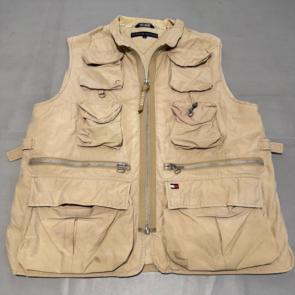 VTG Y2K Tommy Hilfiger Men Tan Pocket Utility Fish Safari Vest Gorpcore Tactical